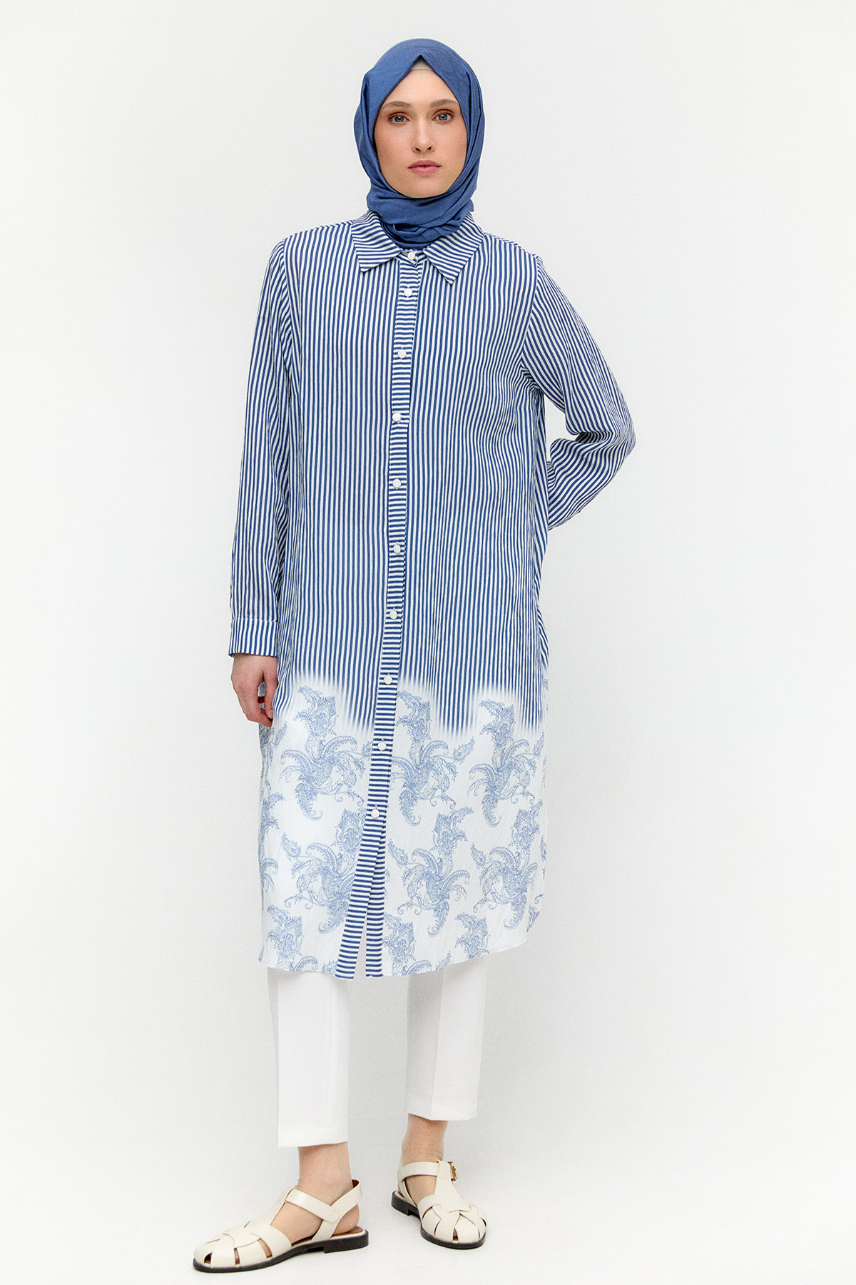 Şal Desenli Kuşaklı Çizgili Tunik, Tesettür Giyim