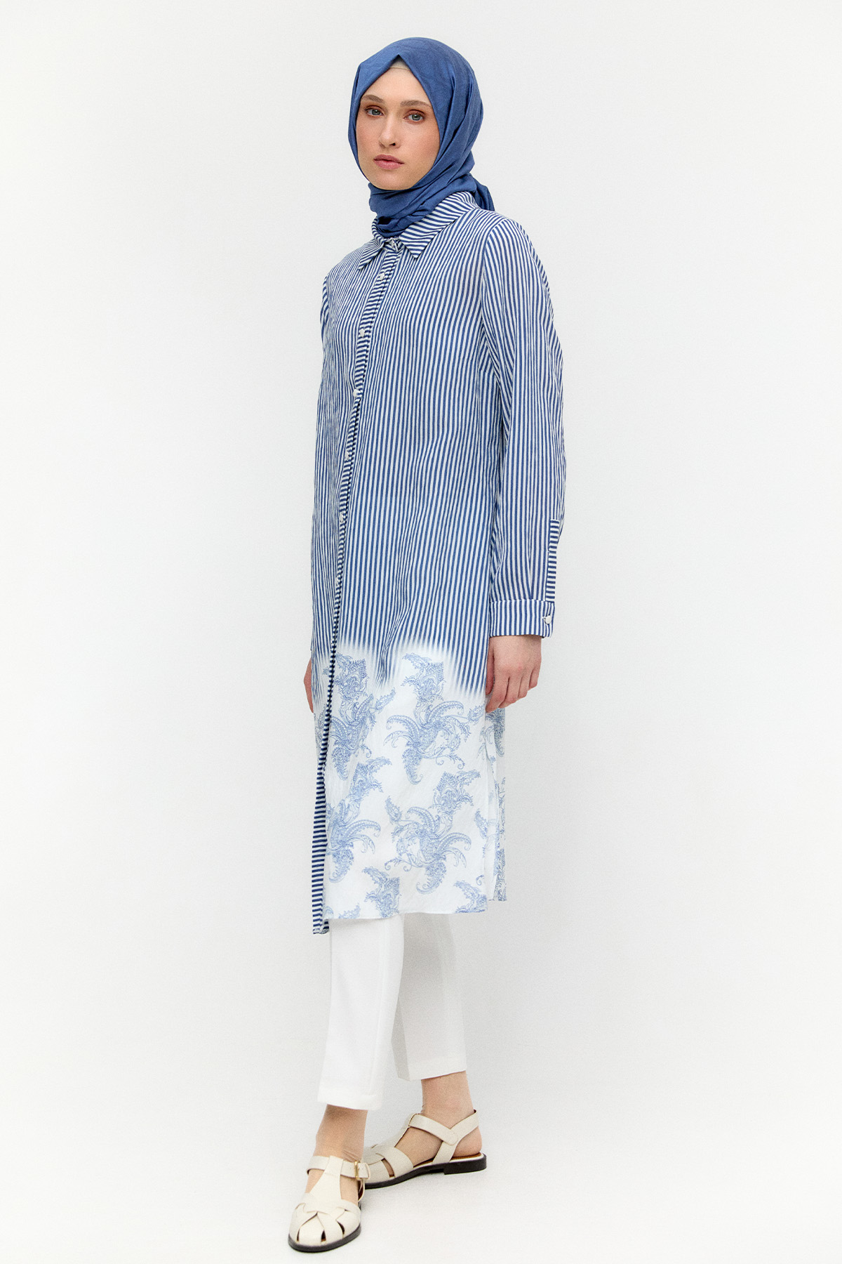Şal Desenli Kuşaklı Çizgili Tunik, Tesettür Giyim