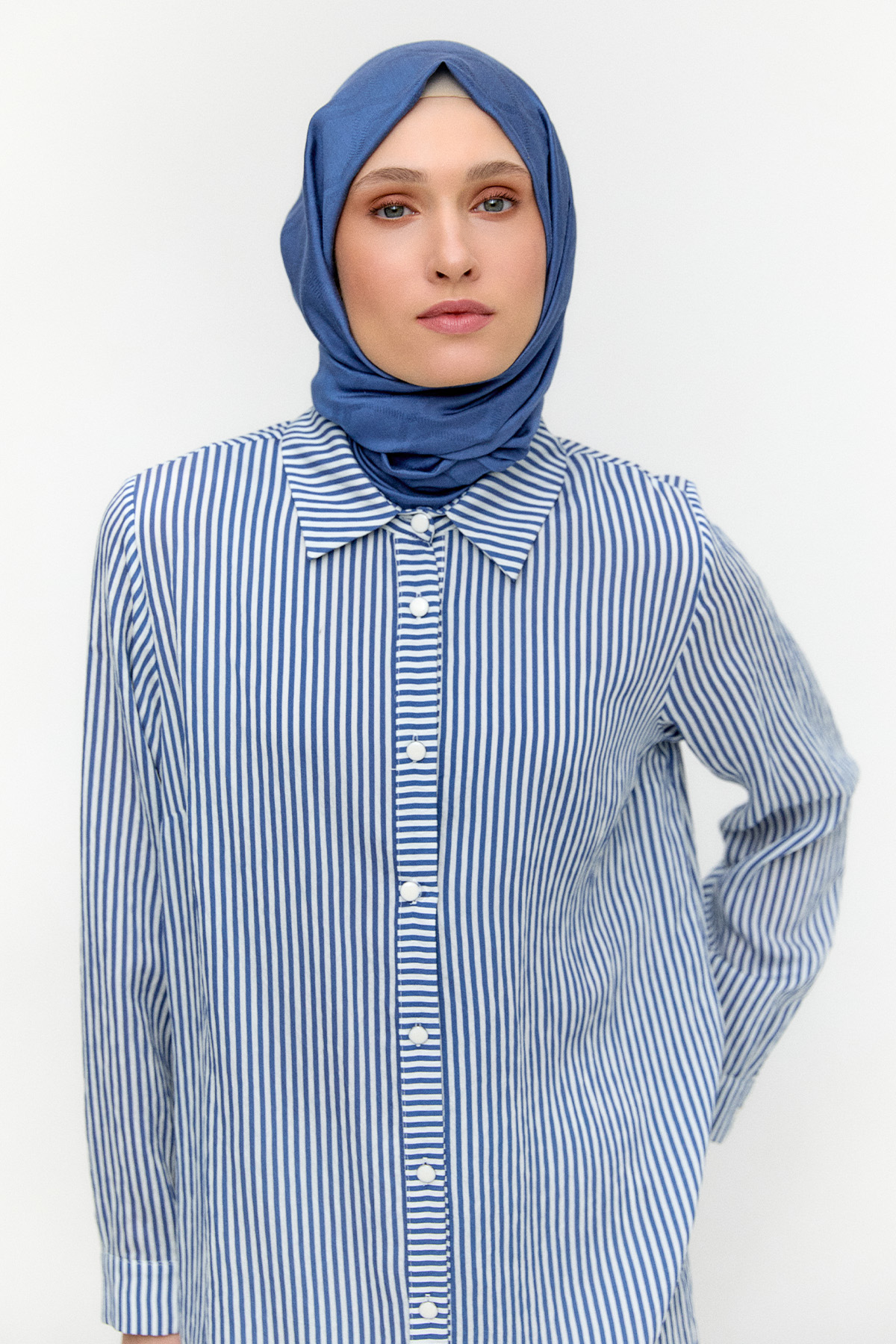 Şal Desenli Kuşaklı Çizgili Tunik, Tesettür Giyim