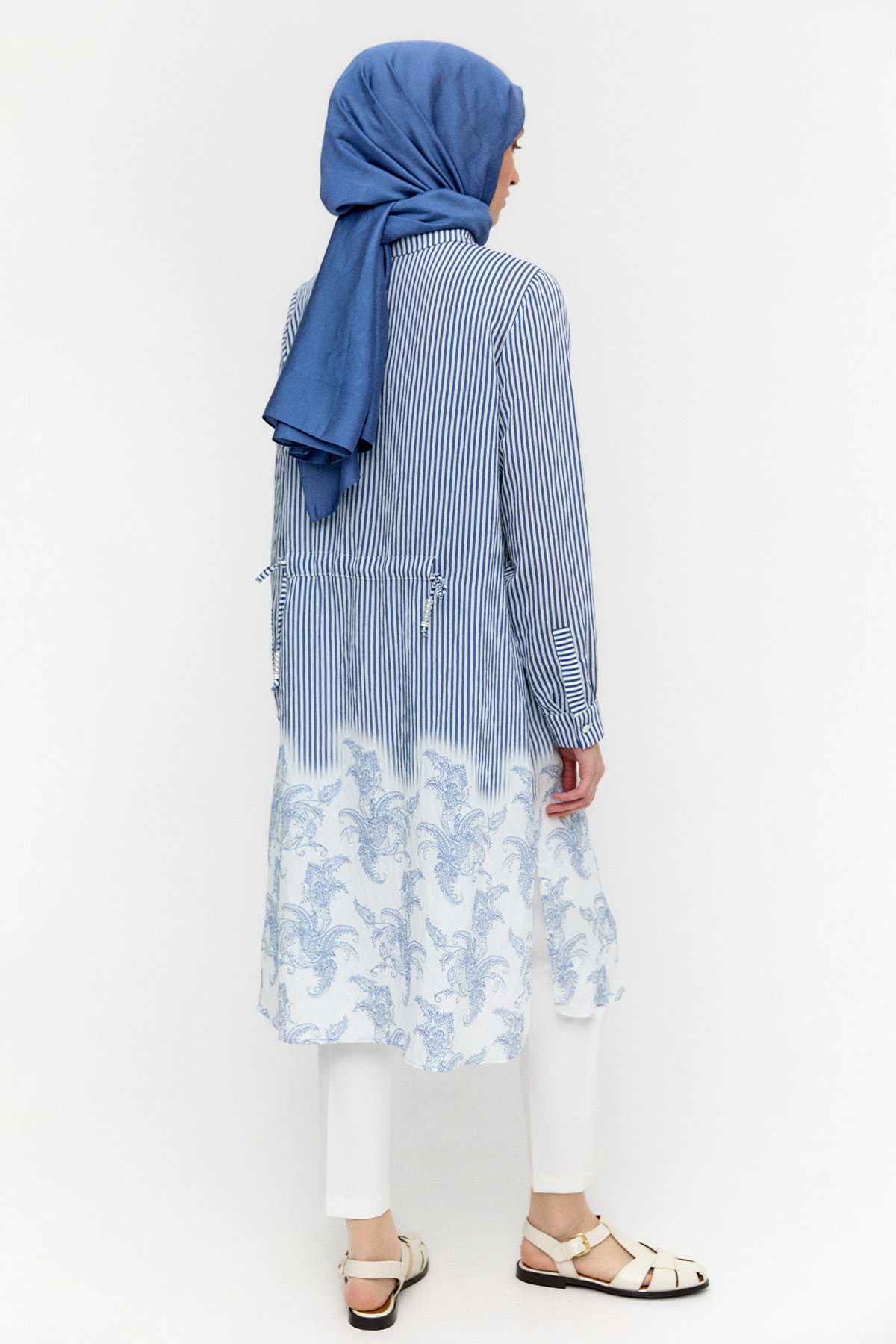 Şal Desenli Kuşaklı Çizgili Tunik, Tesettür Giyim