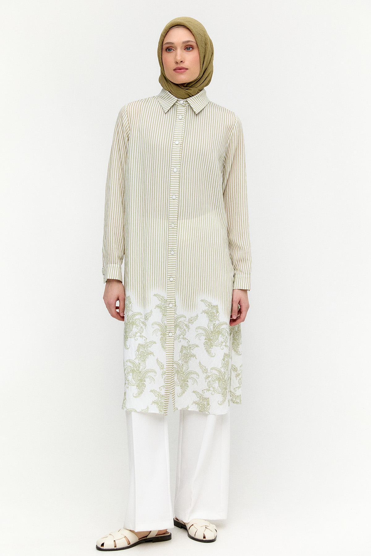 Şal Desenli Kuşaklı Çizgili Tunik, Tesettür Giyim
