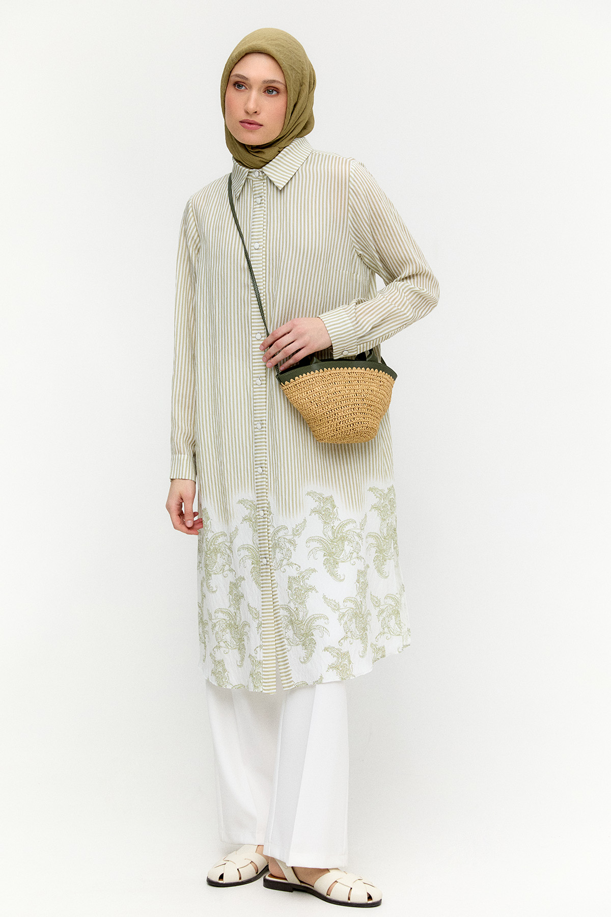 Şal Desenli Kuşaklı Çizgili Tunik, Tesettür Giyim