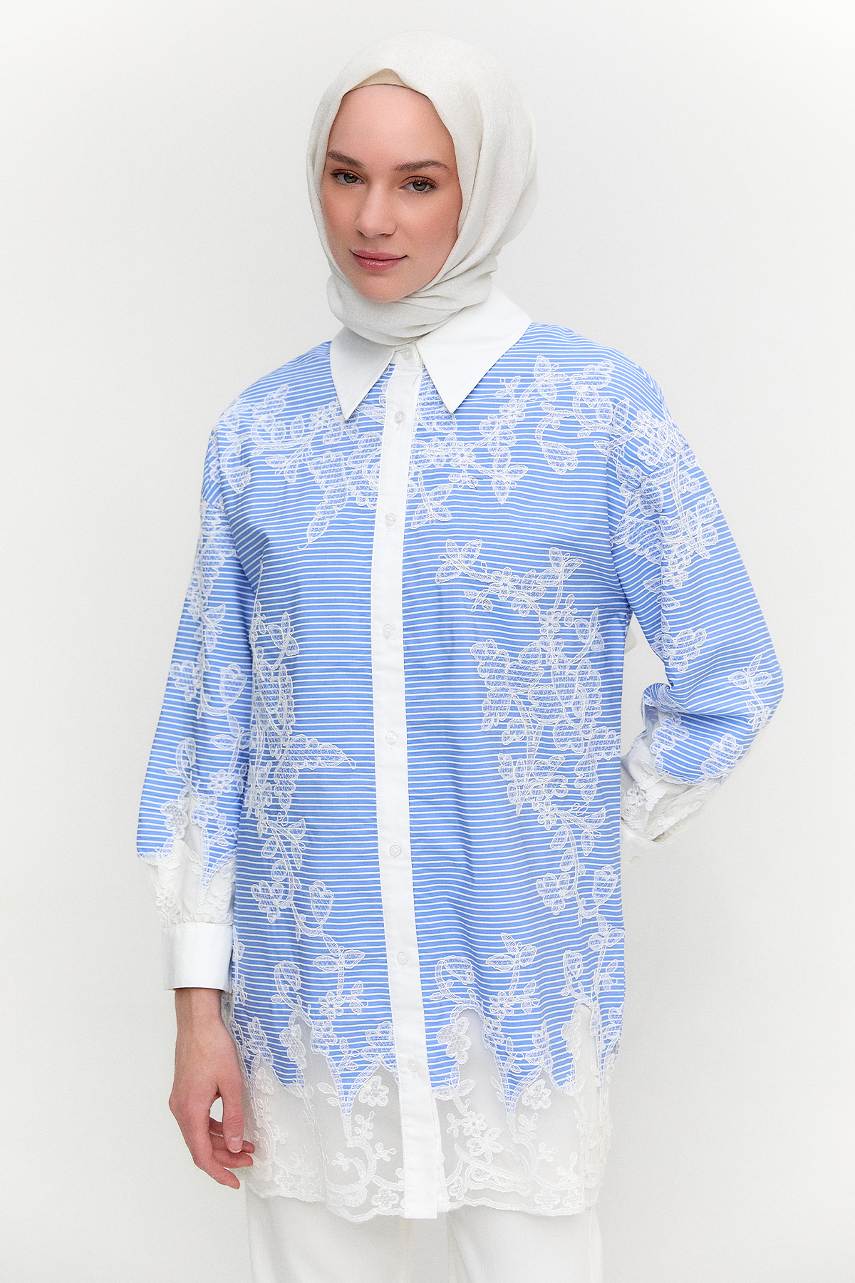 Dantel İşlemeli Çizgili Pamuk Tunik, Tesettür Giyim