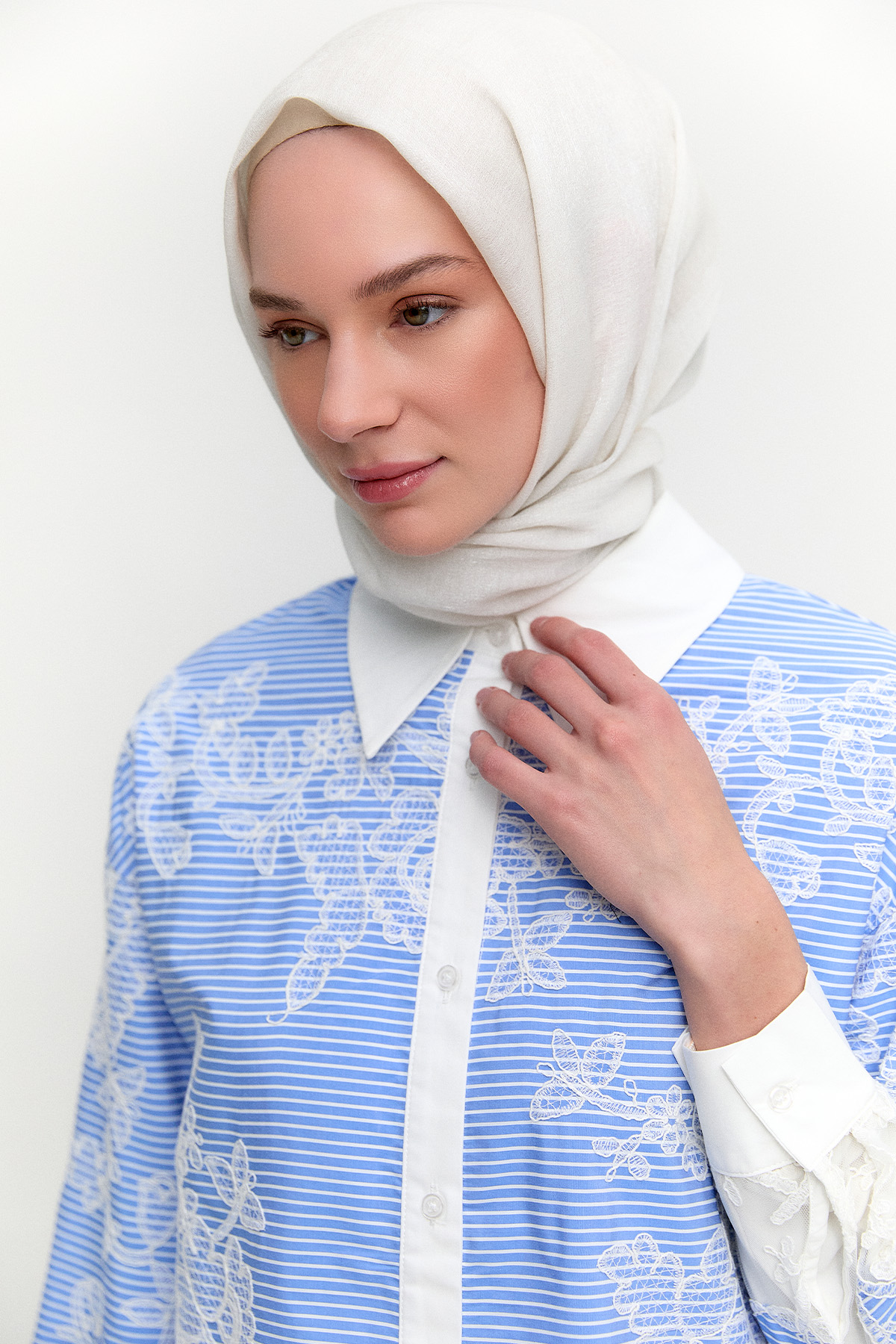 Dantel İşlemeli Çizgili Pamuk Tunik, Tesettür Giyim