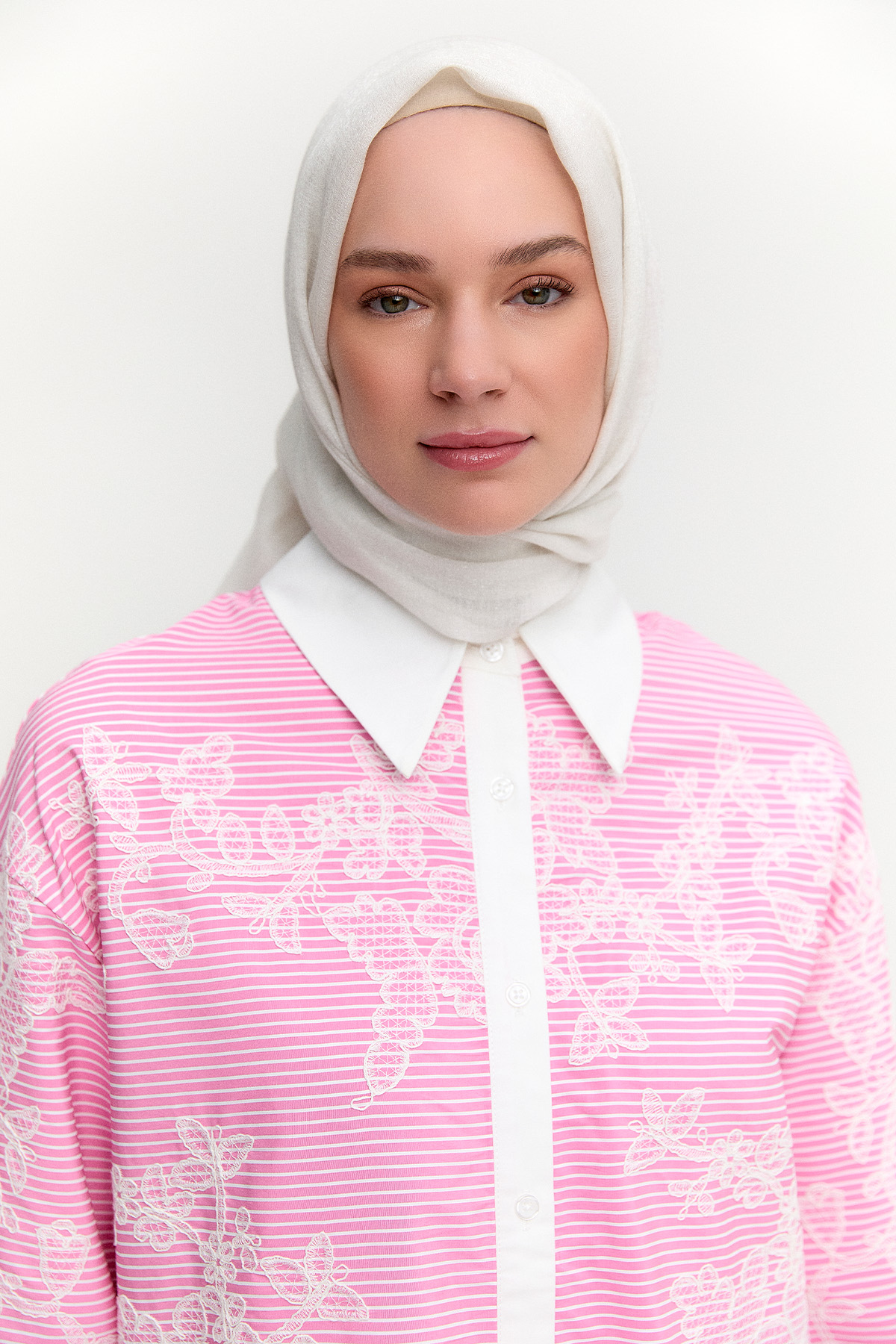 Dantel İşlemeli Çizgili Pamuk Tunik, Tesettür Giyim