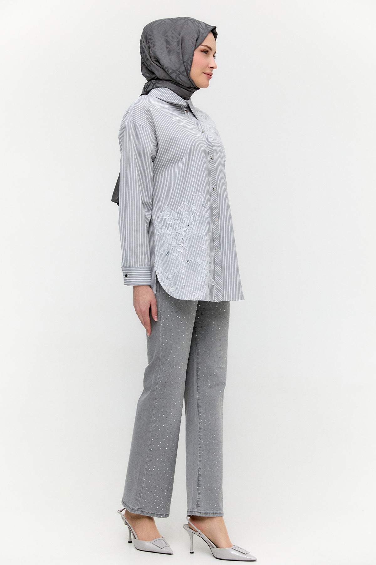 Dantel Detaylı Çizgili Pamuklu Tunik, Tesettür Giyim