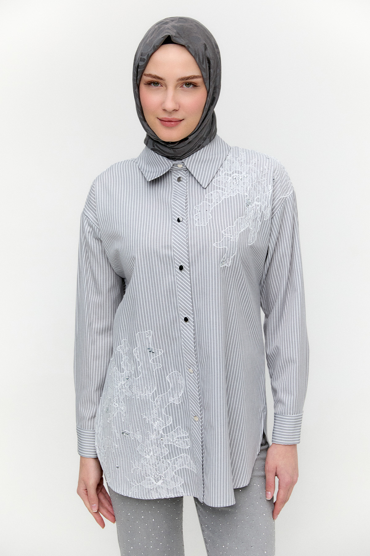 Dantel Detaylı Çizgili Pamuklu Tunik, Tesettür Giyim