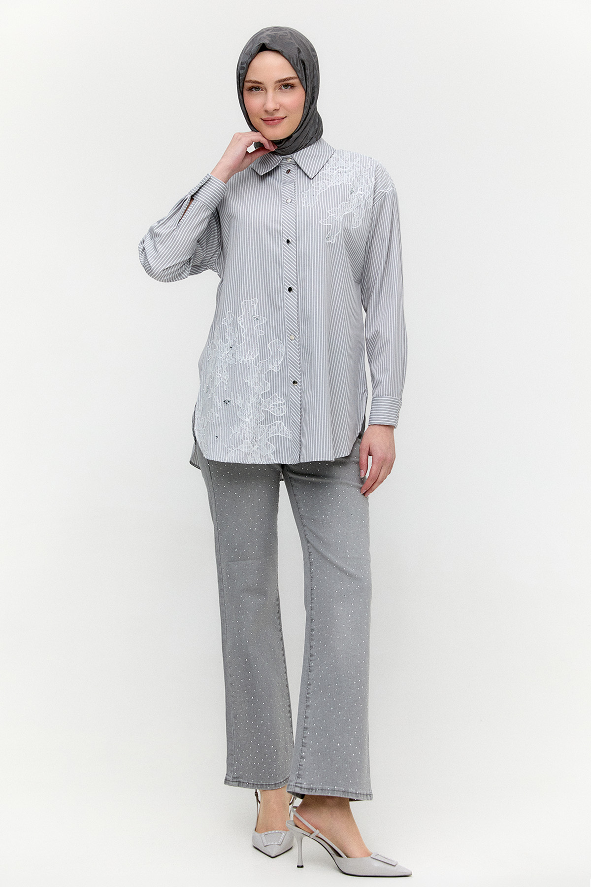 Dantel Detaylı Çizgili Pamuklu Tunik, Tesettür Giyim