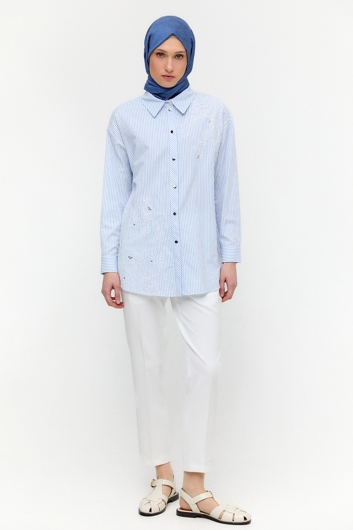 Dantel Detaylı Çizgili Pamuklu Tunik, Tesettür Giyim