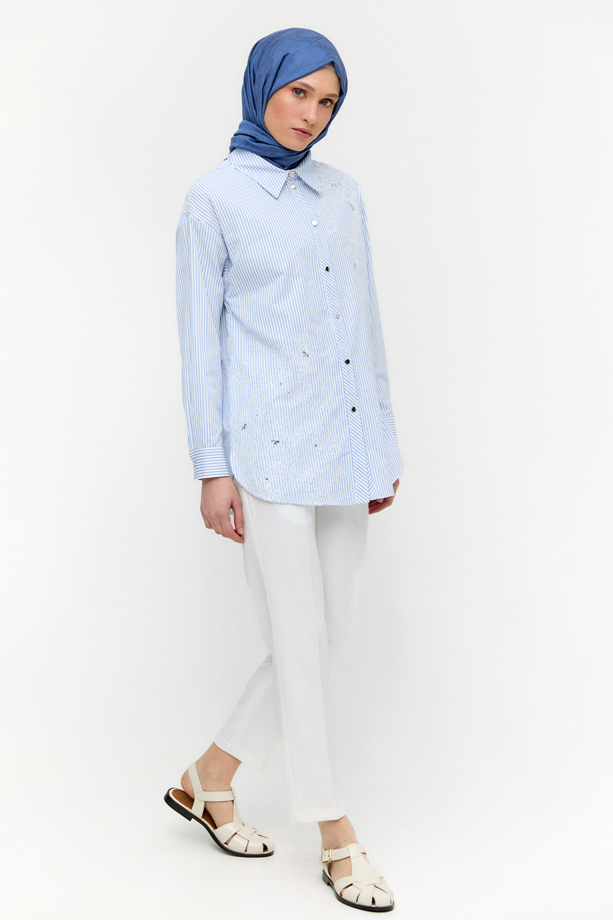 Dantel Detaylı Çizgili Pamuklu Tunik, Tesettür Giyim