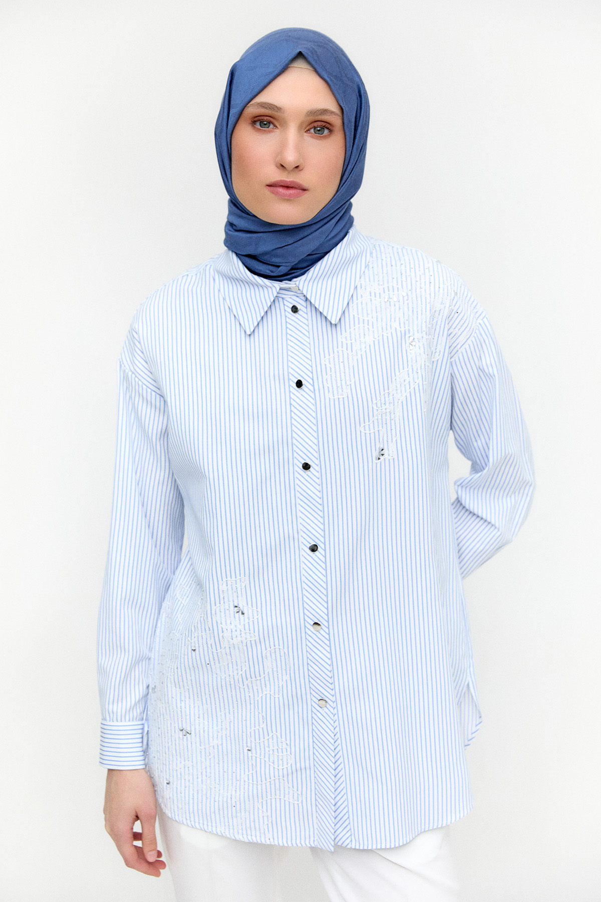 Dantel Detaylı Çizgili Pamuklu Tunik, Tesettür Giyim