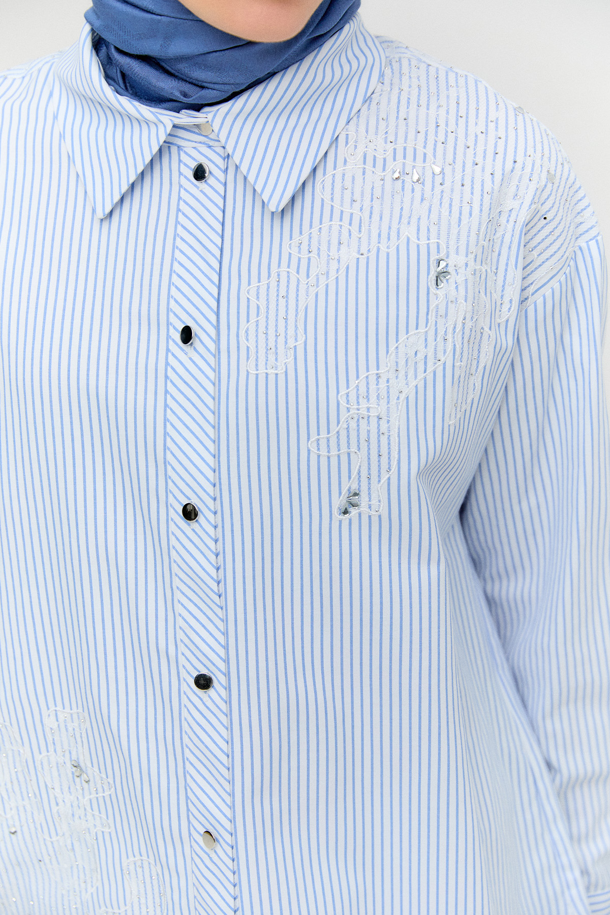 Dantel Detaylı Çizgili Pamuklu Tunik, Tesettür Giyim