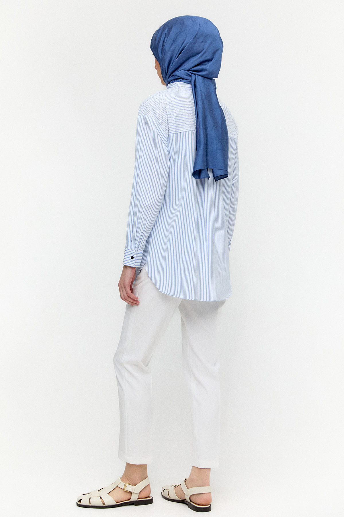 Dantel Detaylı Çizgili Pamuklu Tunik, Tesettür Giyim