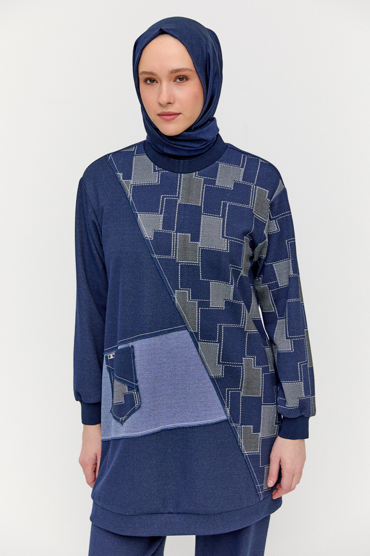 Blok Desenli Cepli Tunik, Tesettür Giyim