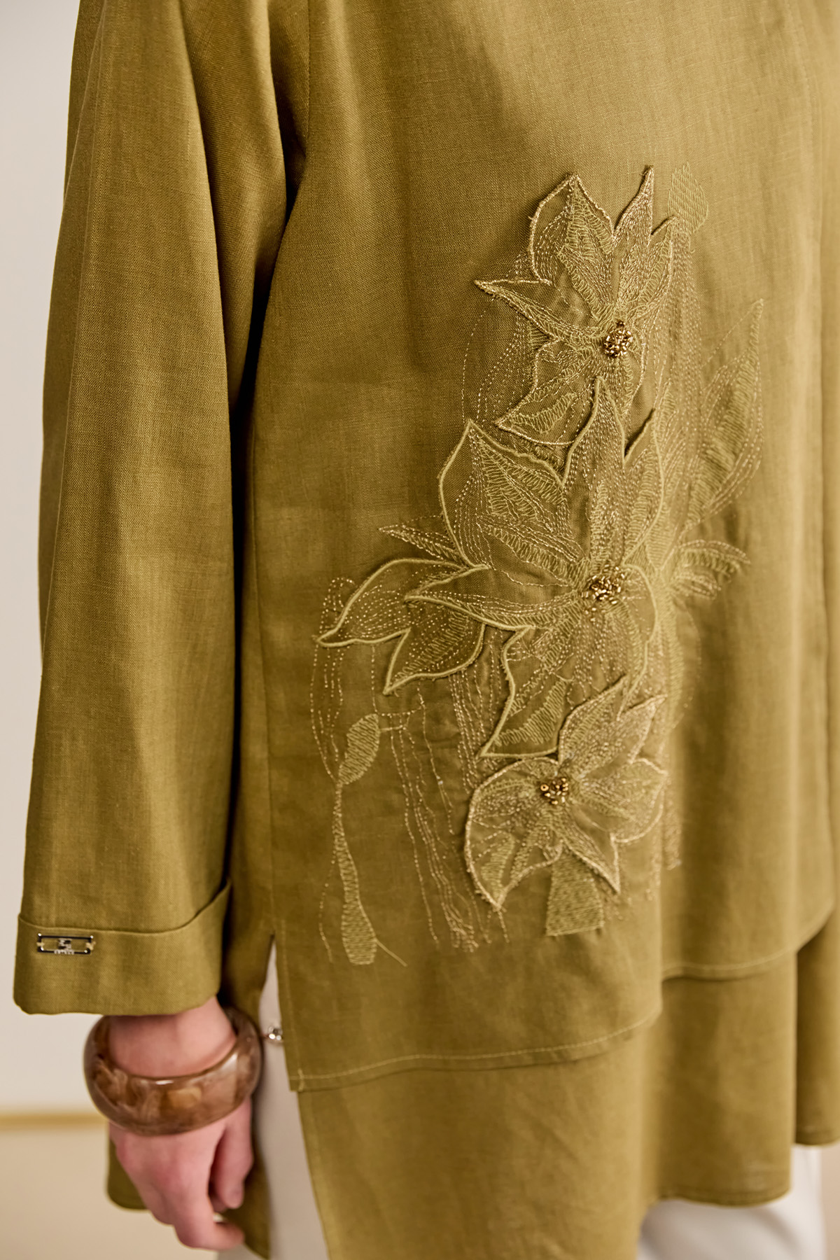 Çiçek Nakışlı Boncuklu Keten Tunik, Tesettür Giyim