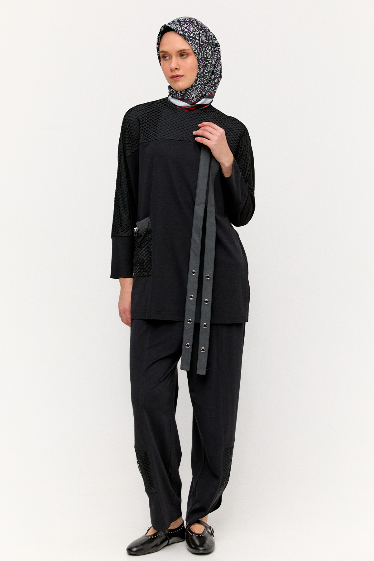 Şerit Detaylı Fileli Tunik, Tesettür Giyim