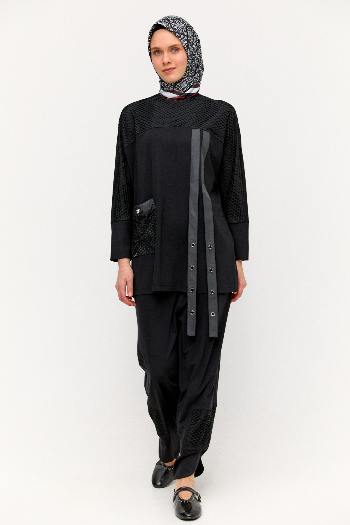 Şerit Detaylı Fileli Tunik, Tesettür Giyim