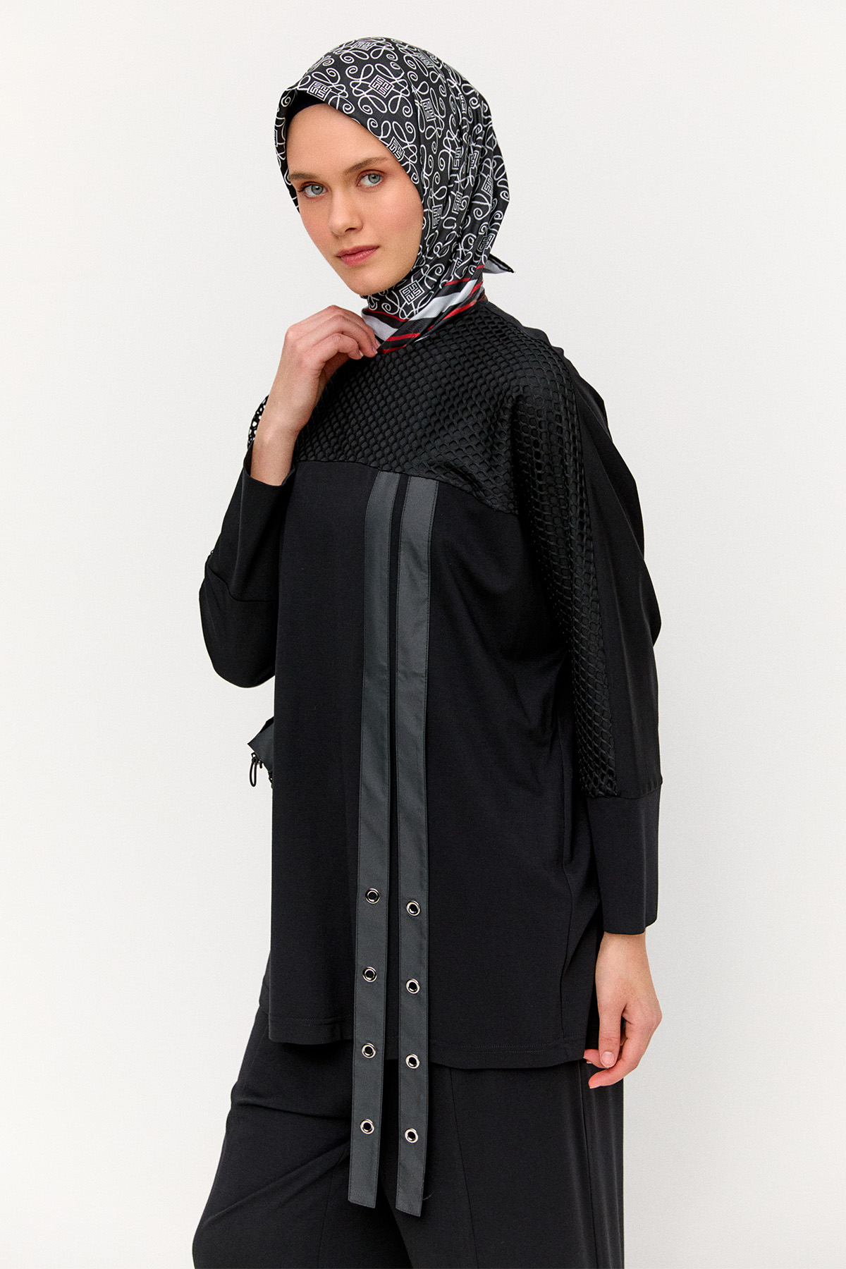 Şerit Detaylı Fileli Tunik, Tesettür Giyim