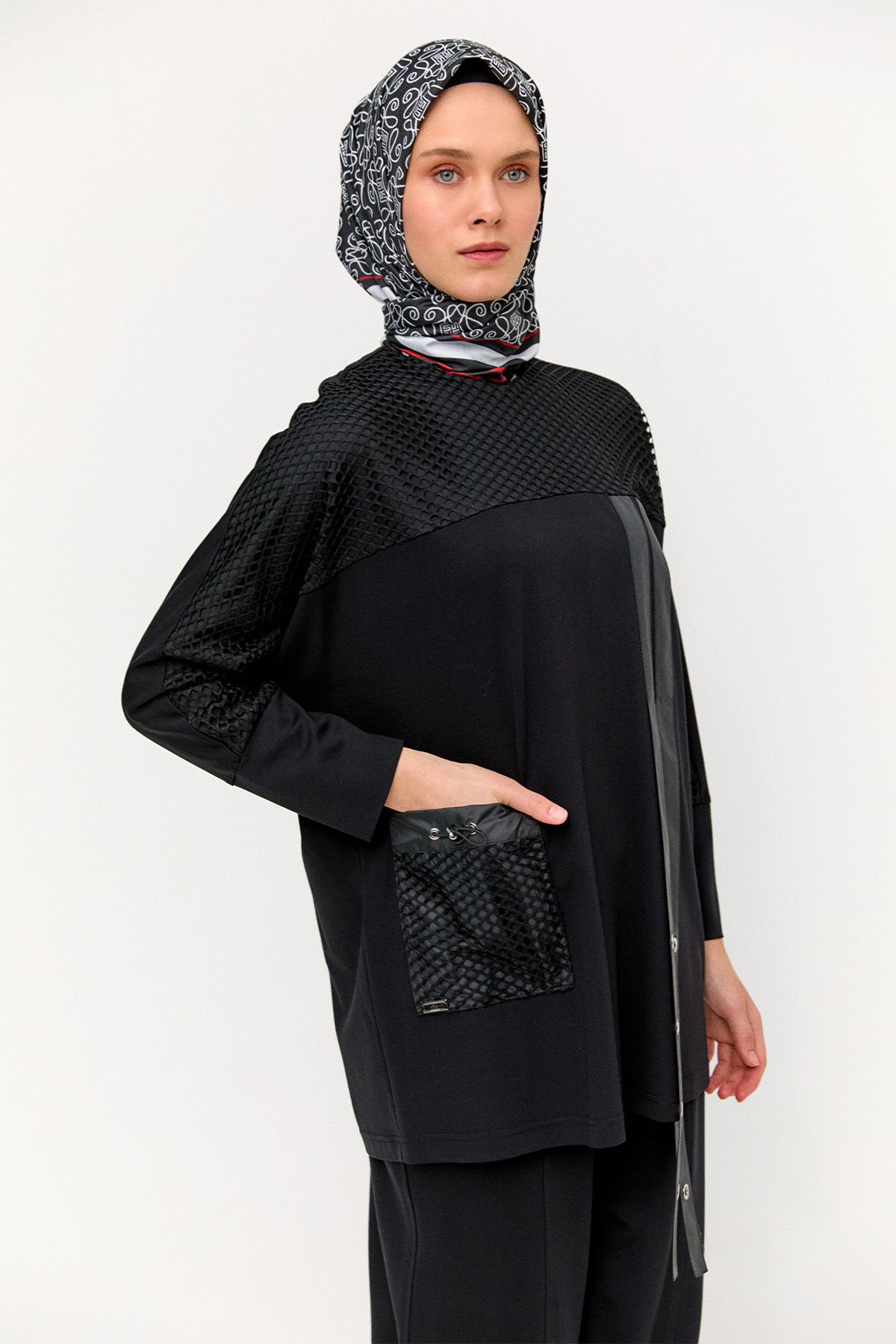 Şerit Detaylı Fileli Tunik, Tesettür Giyim