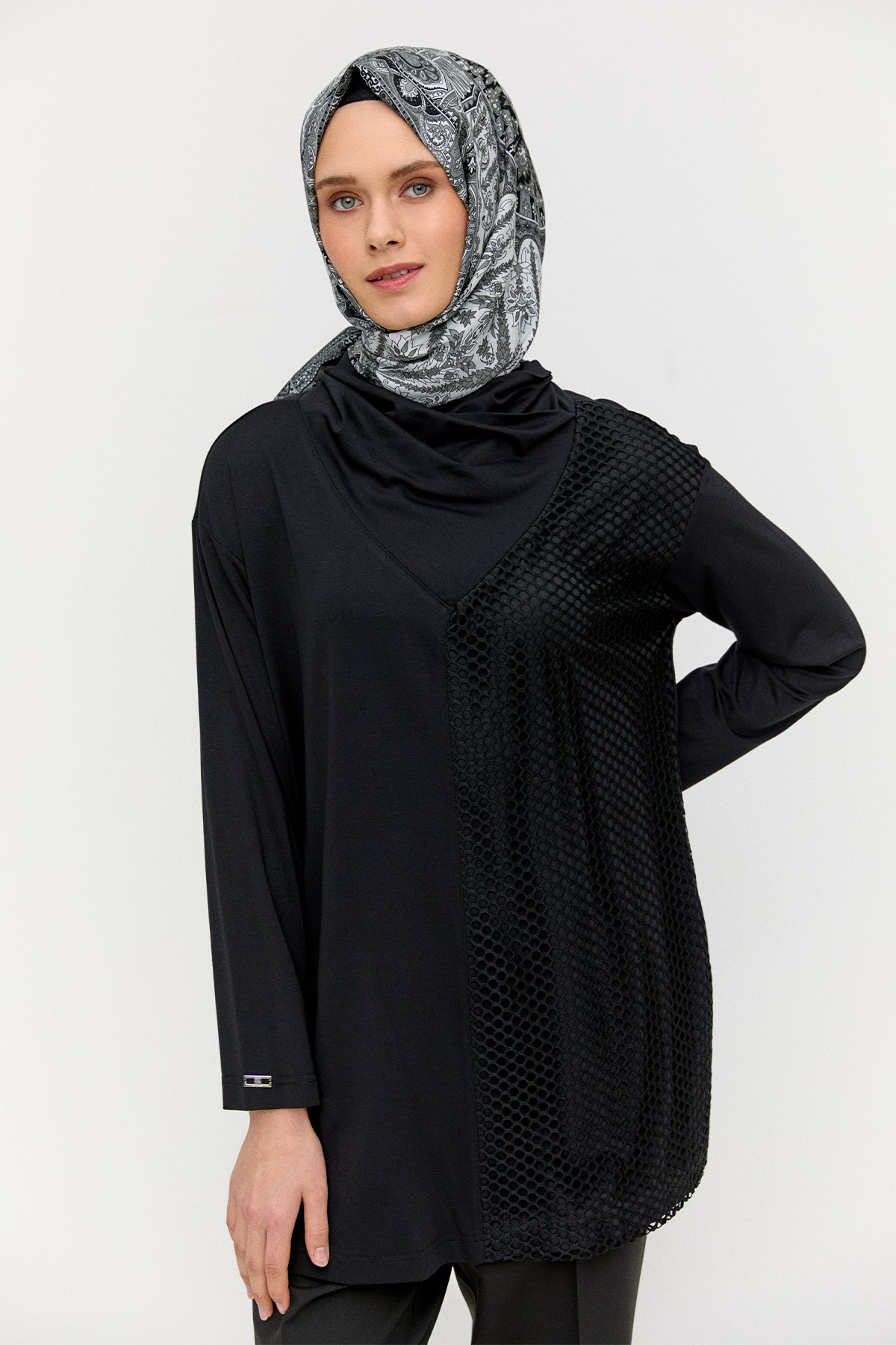 Degaje Yakalı File Detaylı Tunik, Tesettür Giyim