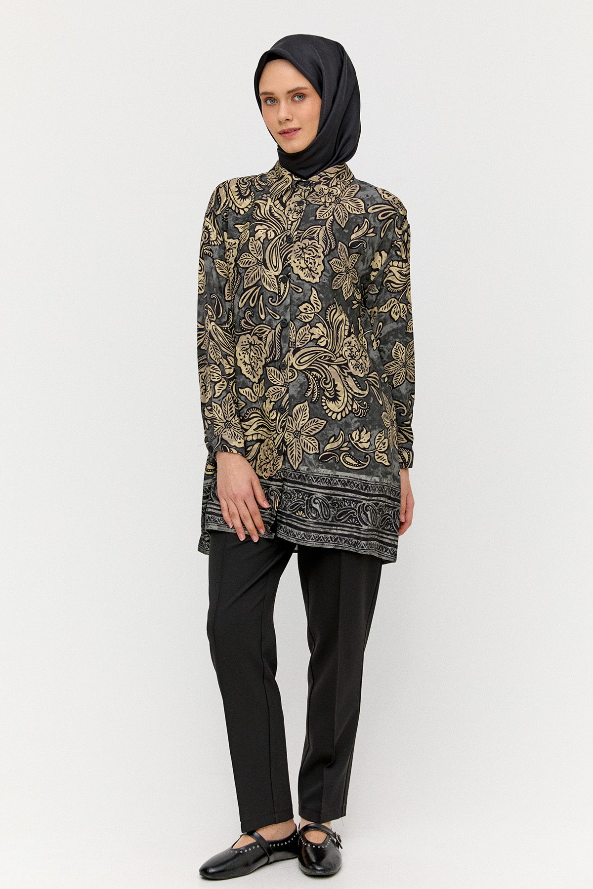Çiçek Desenli Düğmeli Tunik, Tesettür Giyim