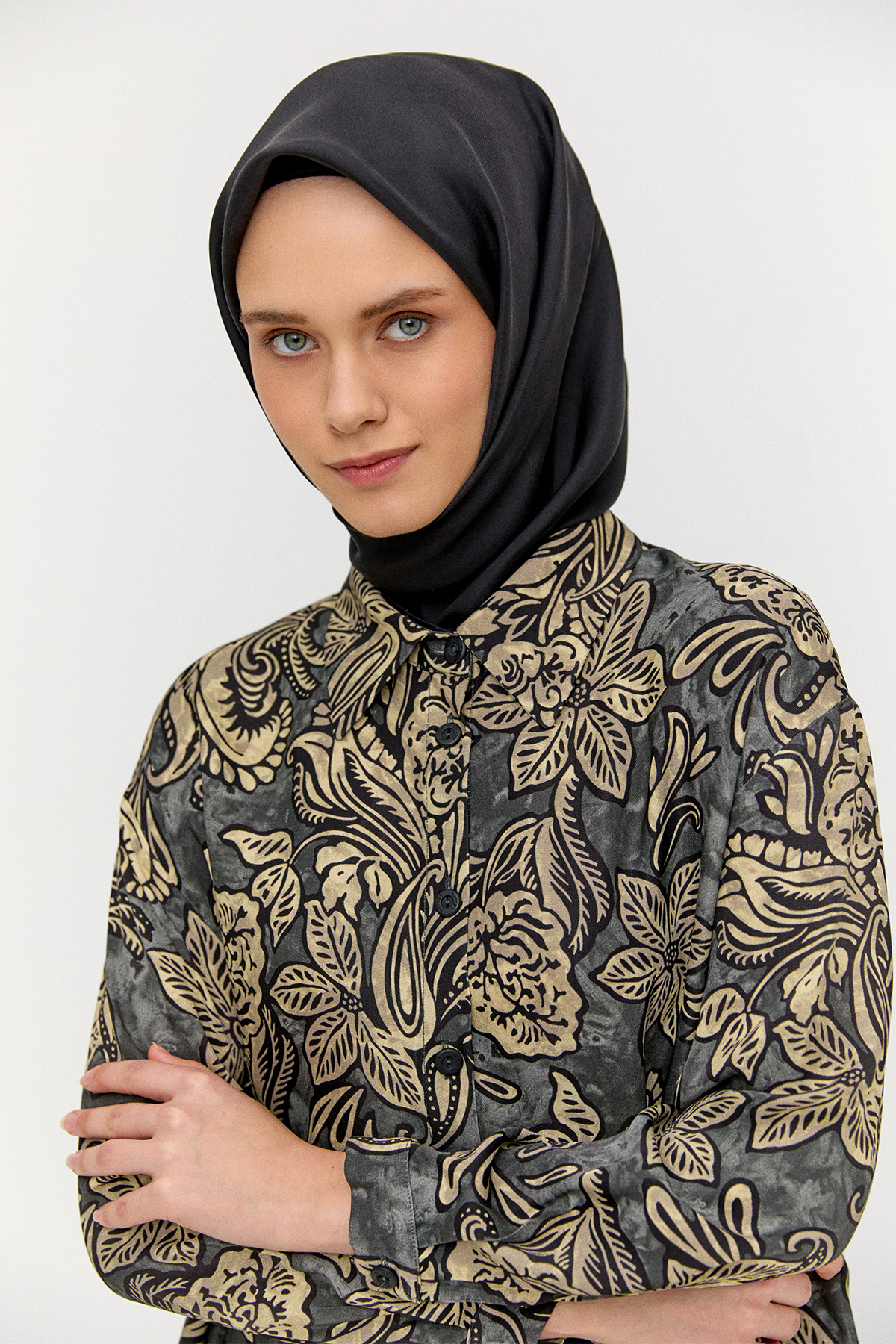 Çiçek Desenli Düğmeli Tunik, Tesettür Giyim