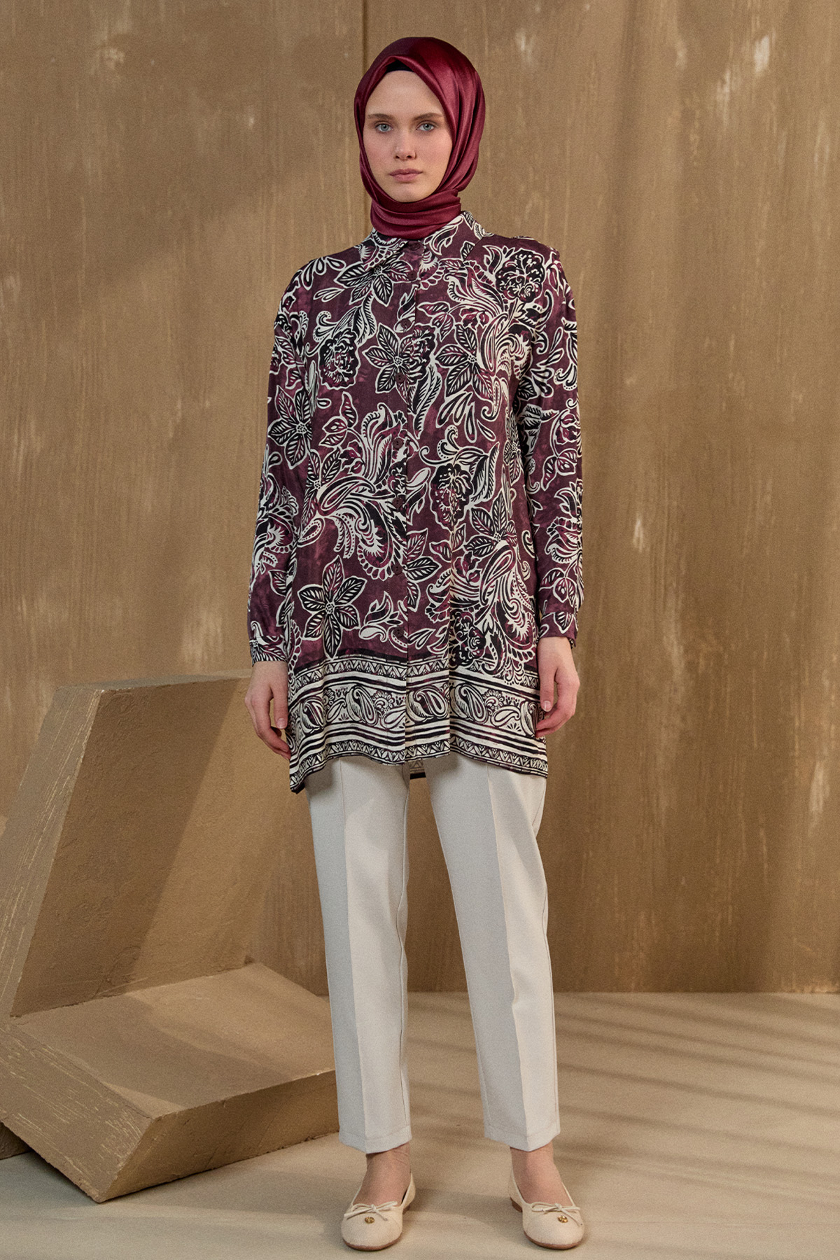 Çiçek Desenli Düğmeli Tunik, Tesettür Giyim