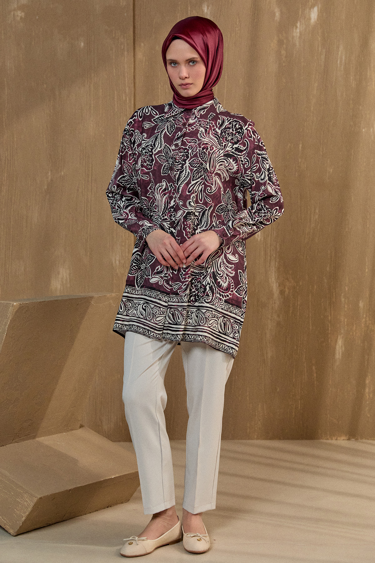 Çiçek Desenli Düğmeli Tunik, Tesettür Giyim