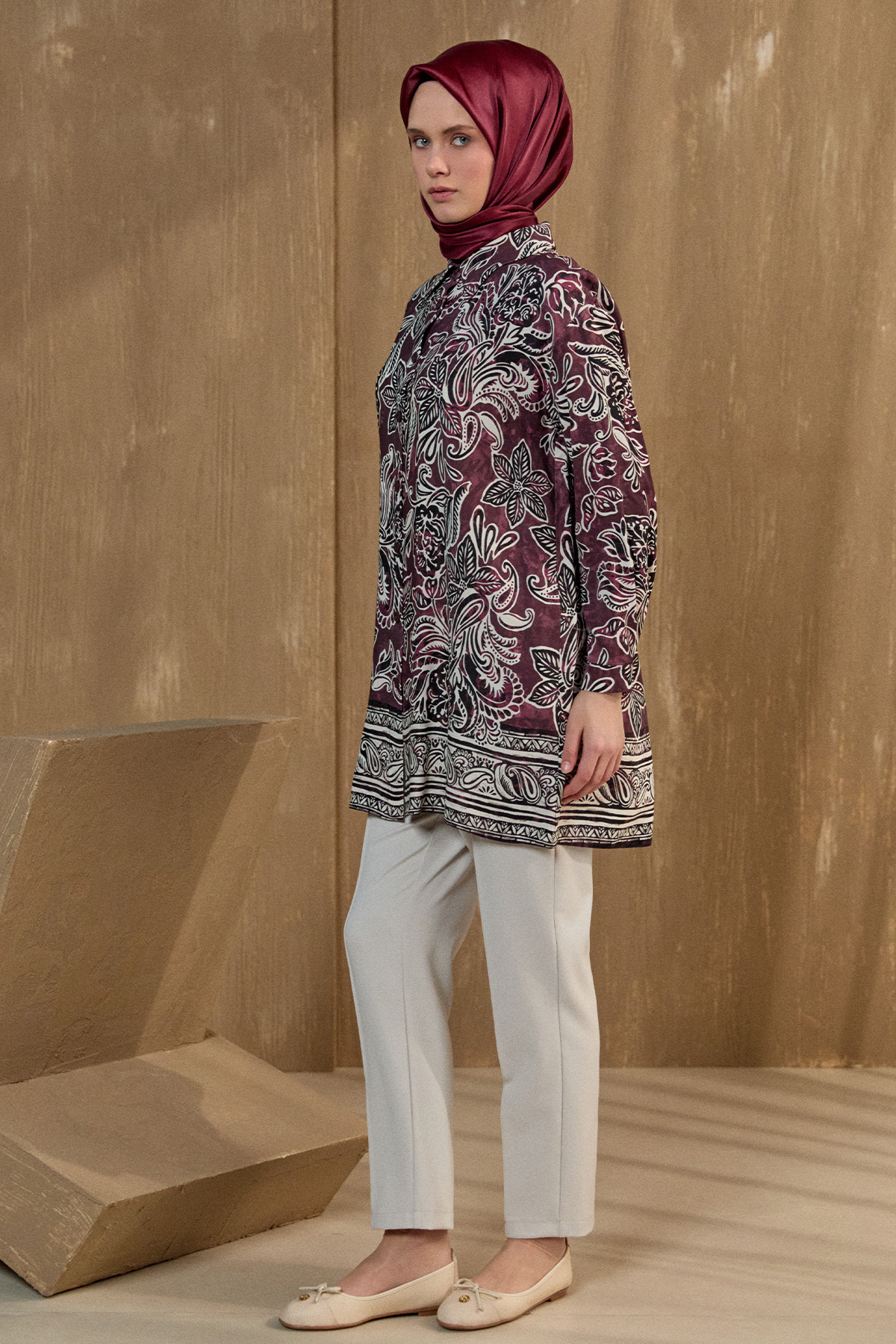 Çiçek Desenli Düğmeli Tunik, Tesettür Giyim