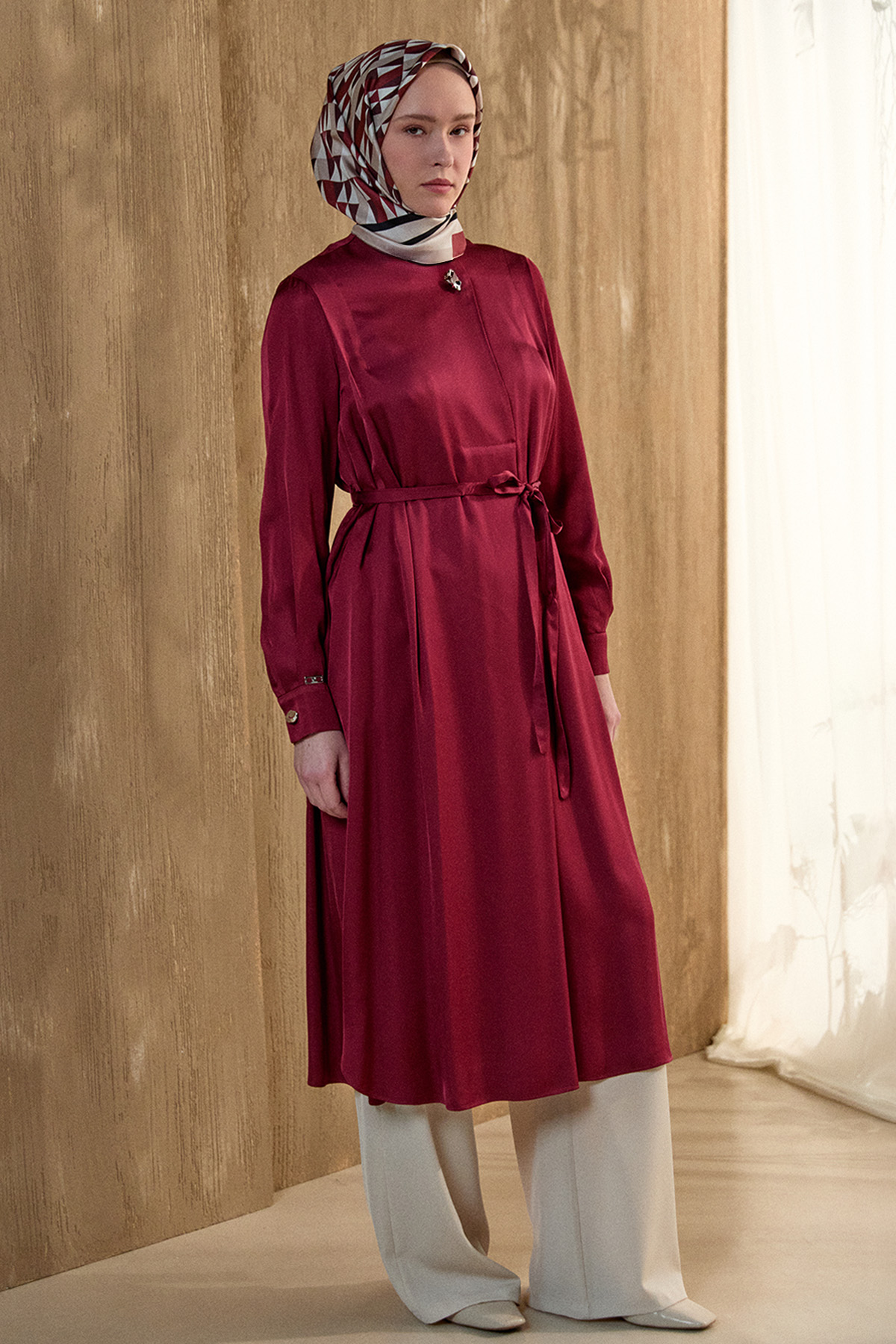 Kruvaze Saten Uzun Tunik, Tesettür Giyim