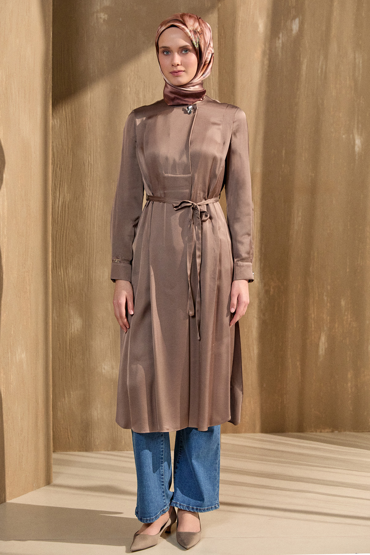 Kruvaze Saten Uzun Tunik, Tesettür Giyim