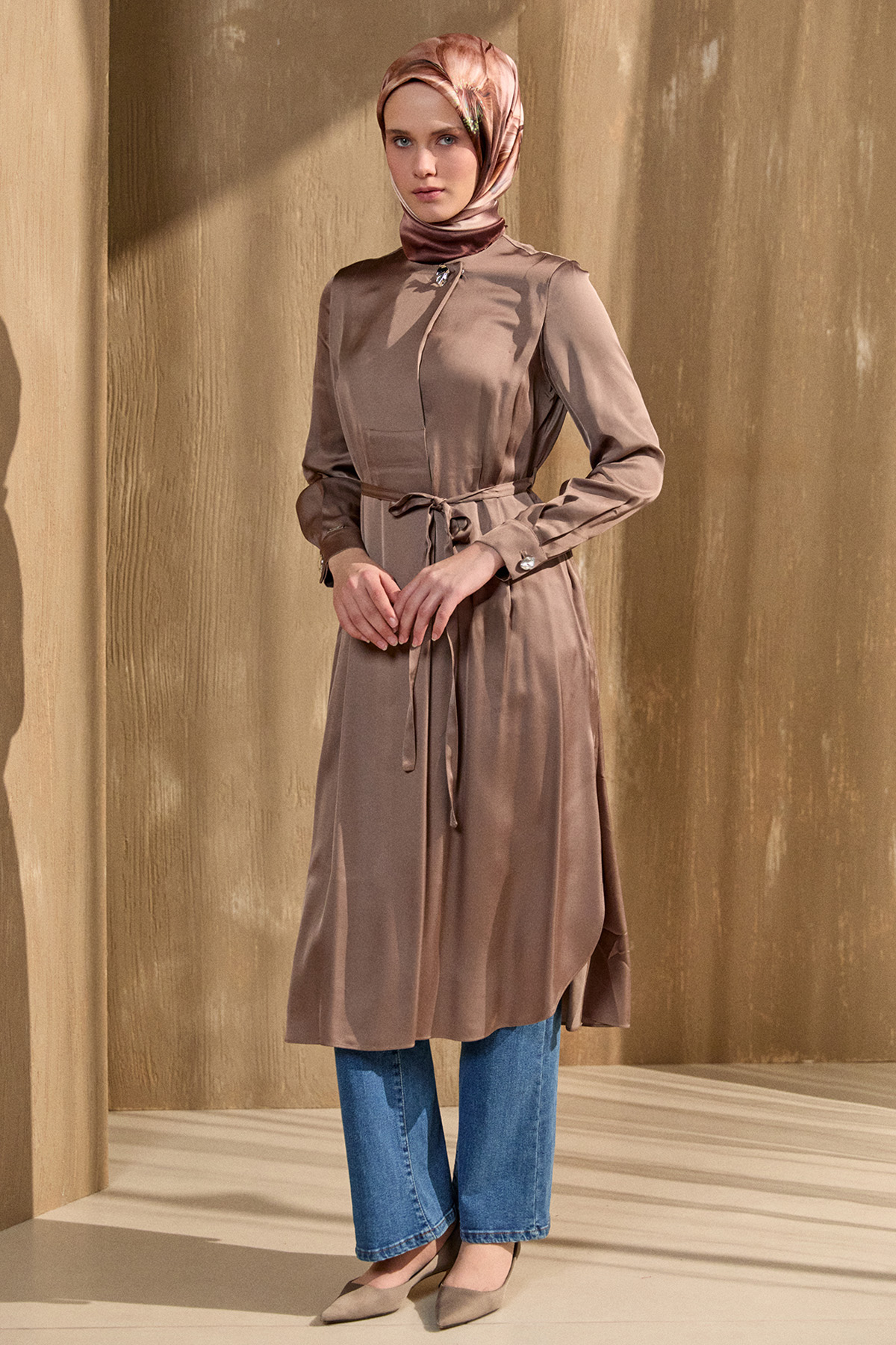Kruvaze Saten Uzun Tunik, Tesettür Giyim