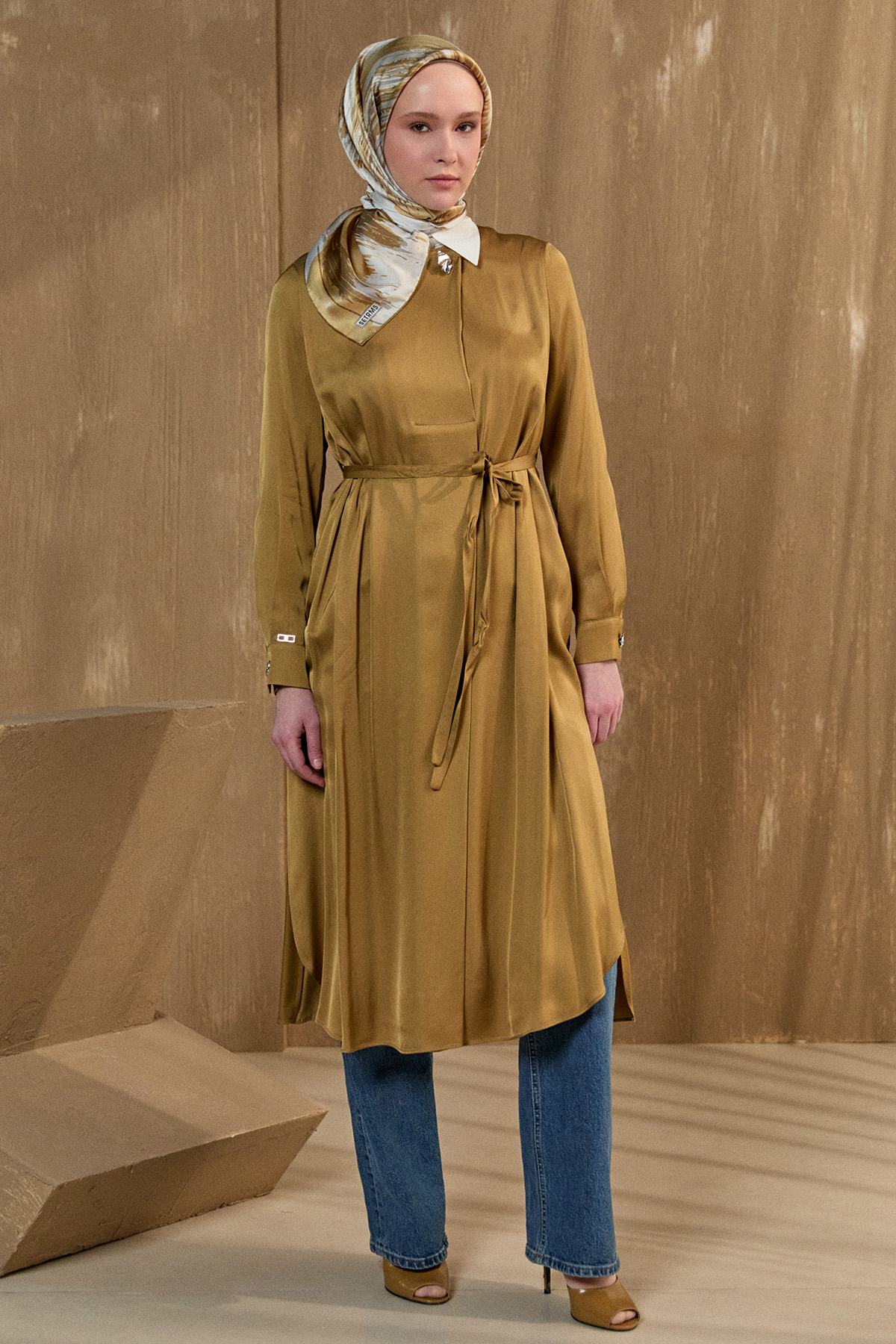 Kruvaze Saten Uzun Tunik, Tesettür Giyim