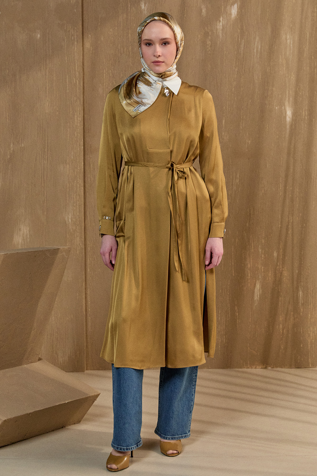 Kruvaze Saten Uzun Tunik, Tesettür Giyim