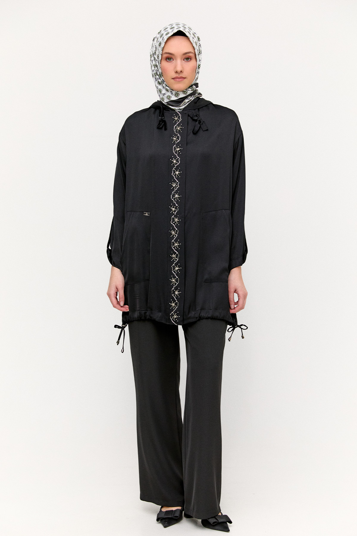 İşlemeli Floş Saten Tunik, Tesettür Giyim