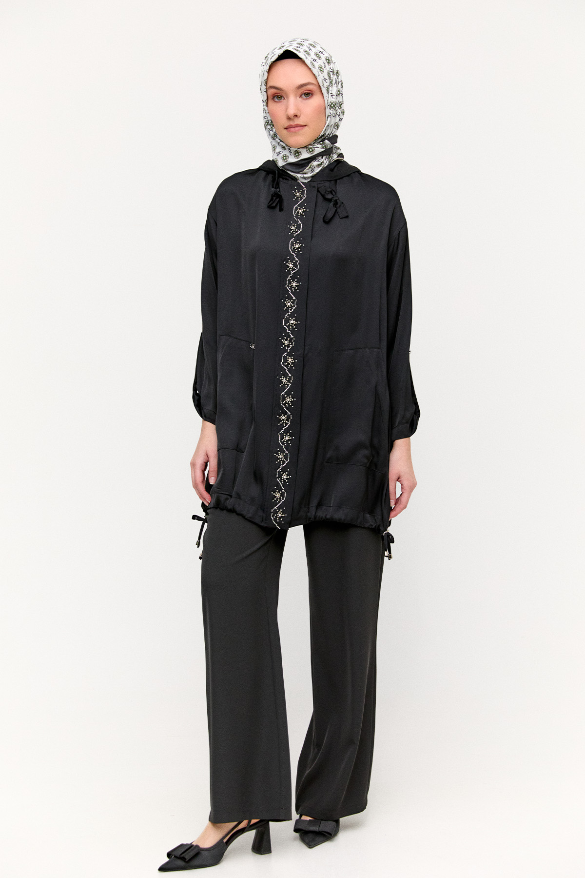 İşlemeli Floş Saten Tunik, Tesettür Giyim