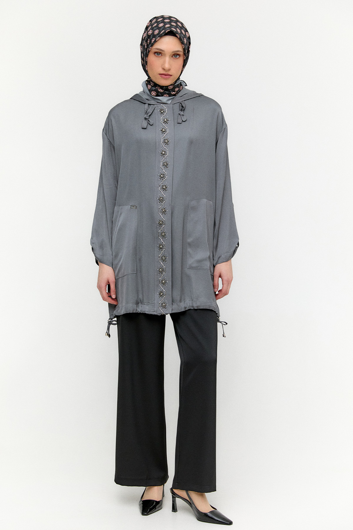 İşlemeli Floş Saten Tunik, Tesettür Giyim