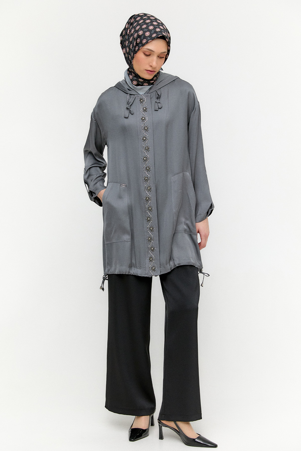 İşlemeli Floş Saten Tunik, Tesettür Giyim