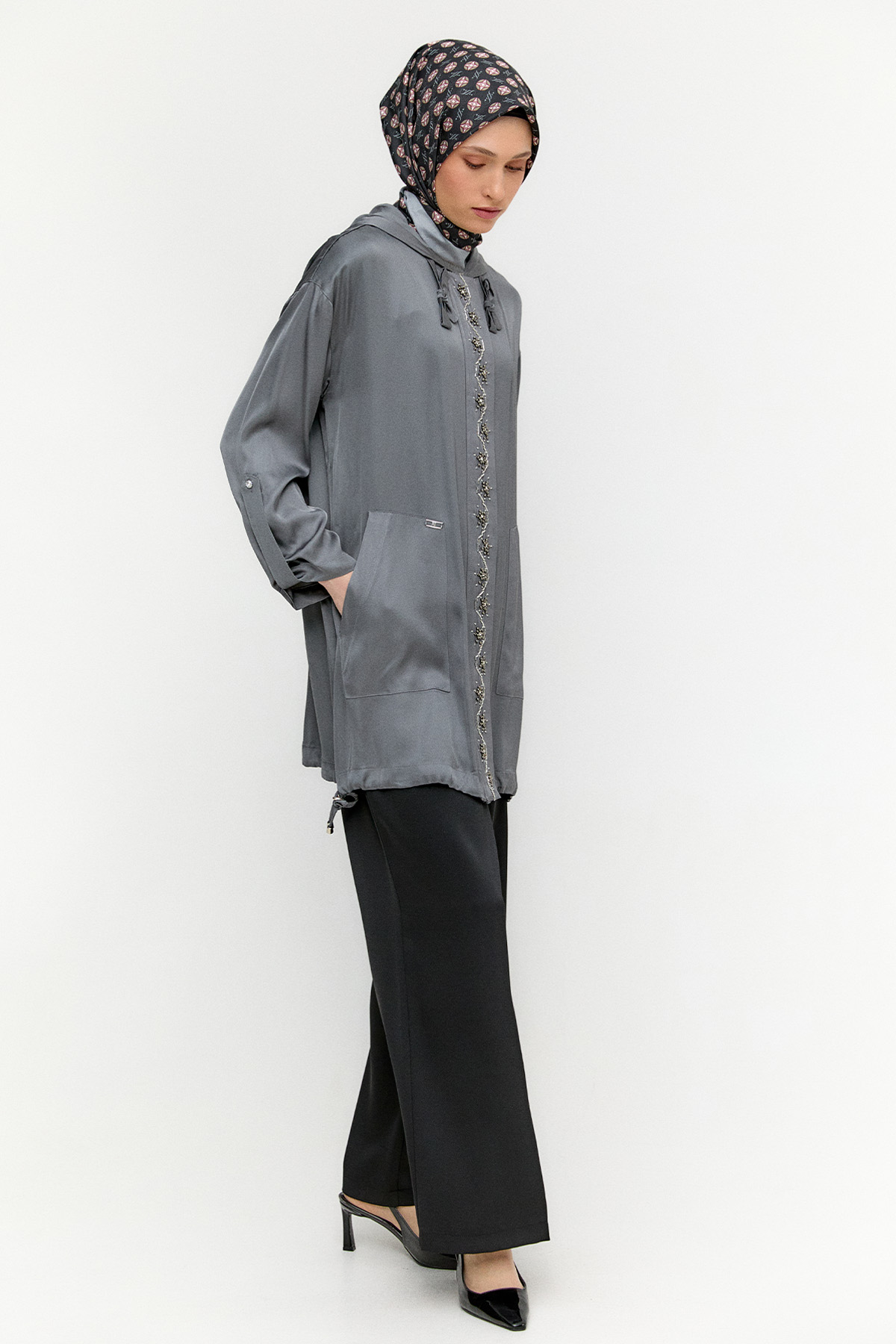 İşlemeli Floş Saten Tunik, Tesettür Giyim