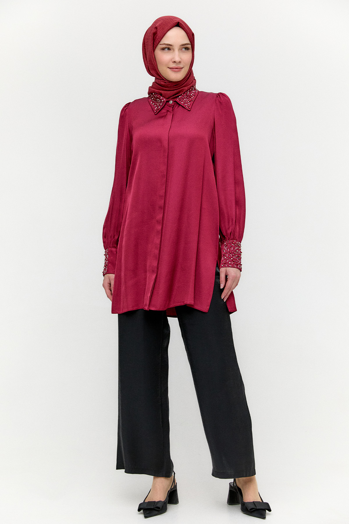 İşlemeli Detaylı Floş Tunik, Tesettür Giyim
