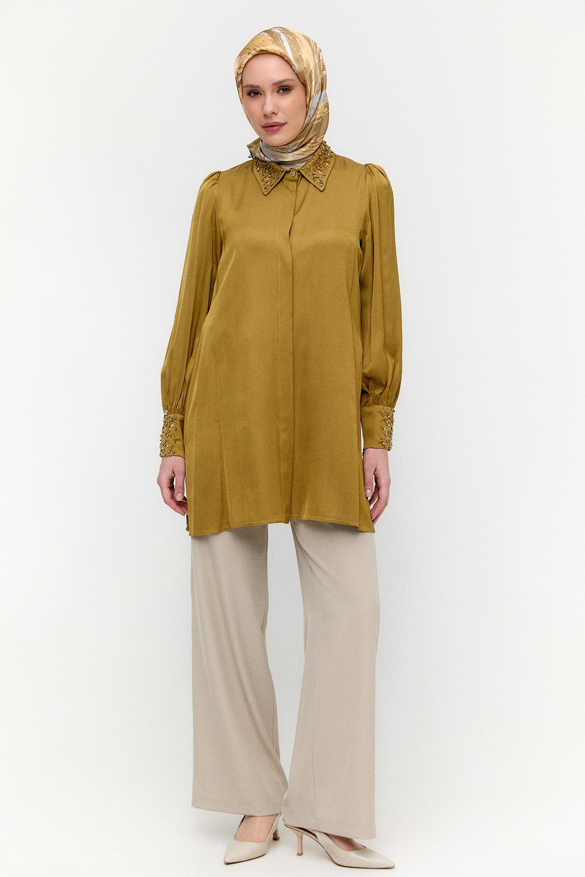 İşlemeli Detaylı Floş Tunik, Tesettür Giyim