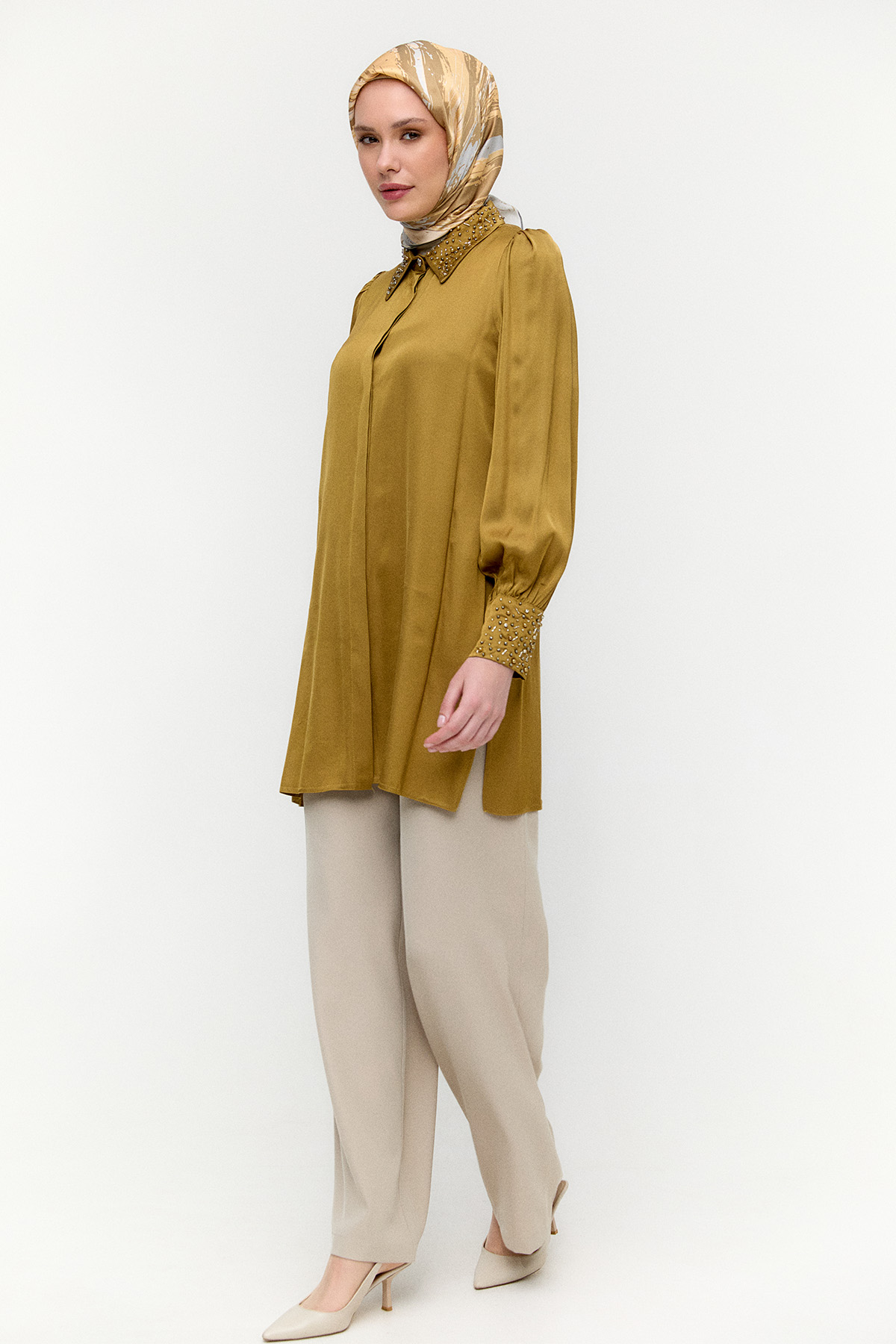 İşlemeli Detaylı Floş Tunik, Tesettür Giyim
