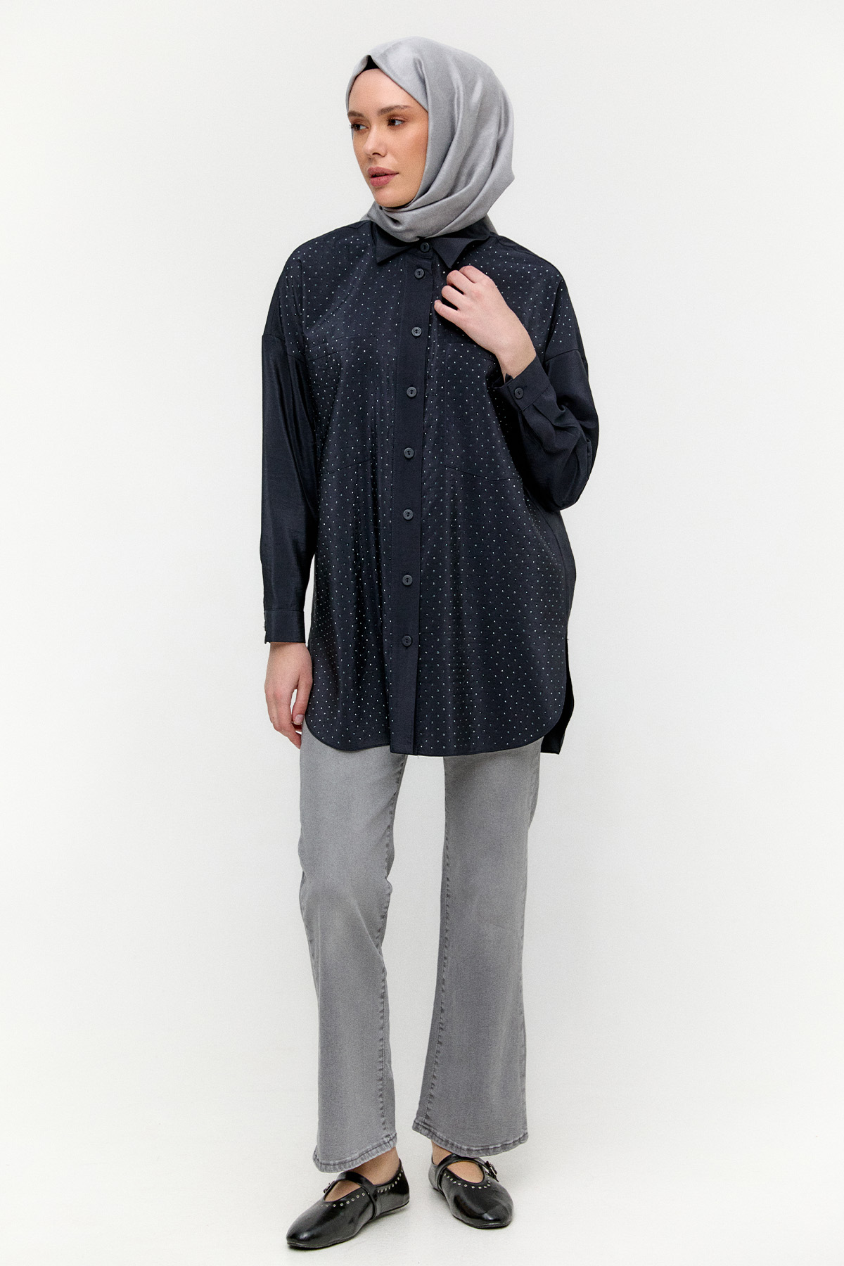 Casual Taşlı Oversize Tunik, Tesettür Giyim