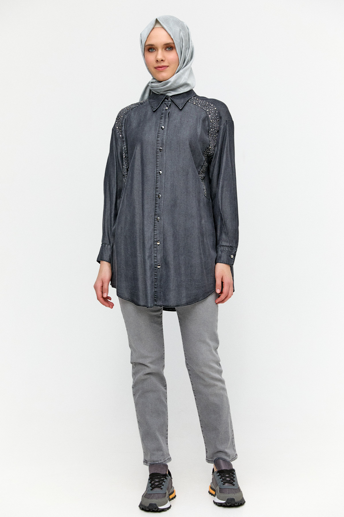 Taş Detaylı Oversize Tunik, Tesettür Giyim