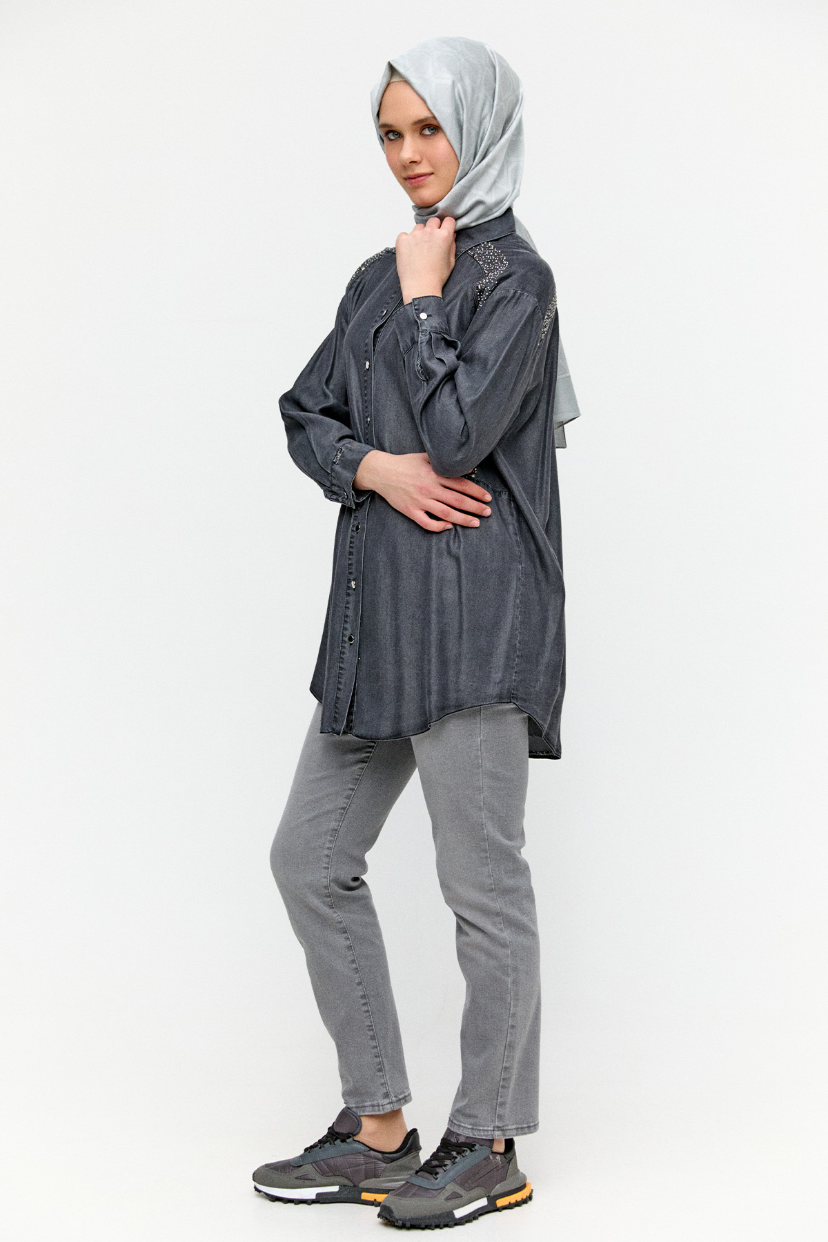 Taş Detaylı Oversize Tunik, Tesettür Giyim