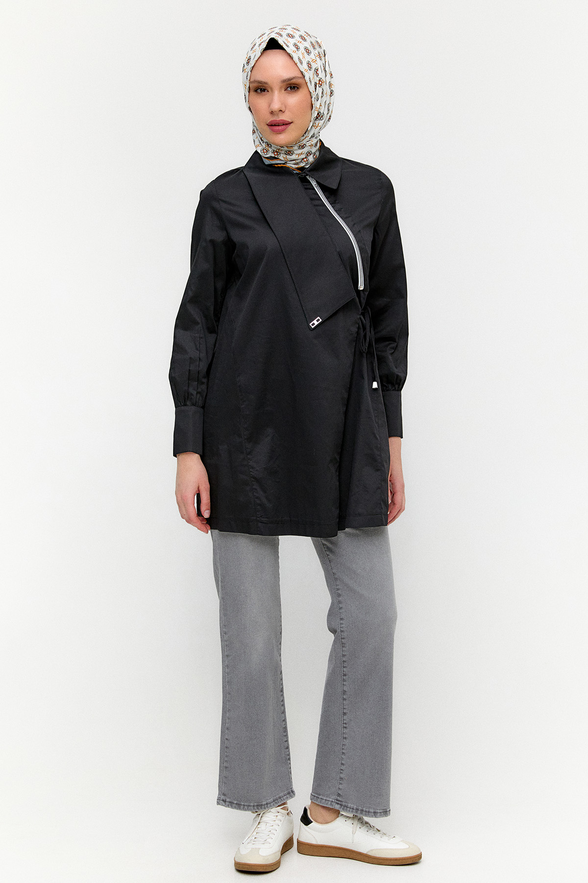 Asimetrik Yakalı Kuşaklı Pamuk Tunik, Tesettür Giyim