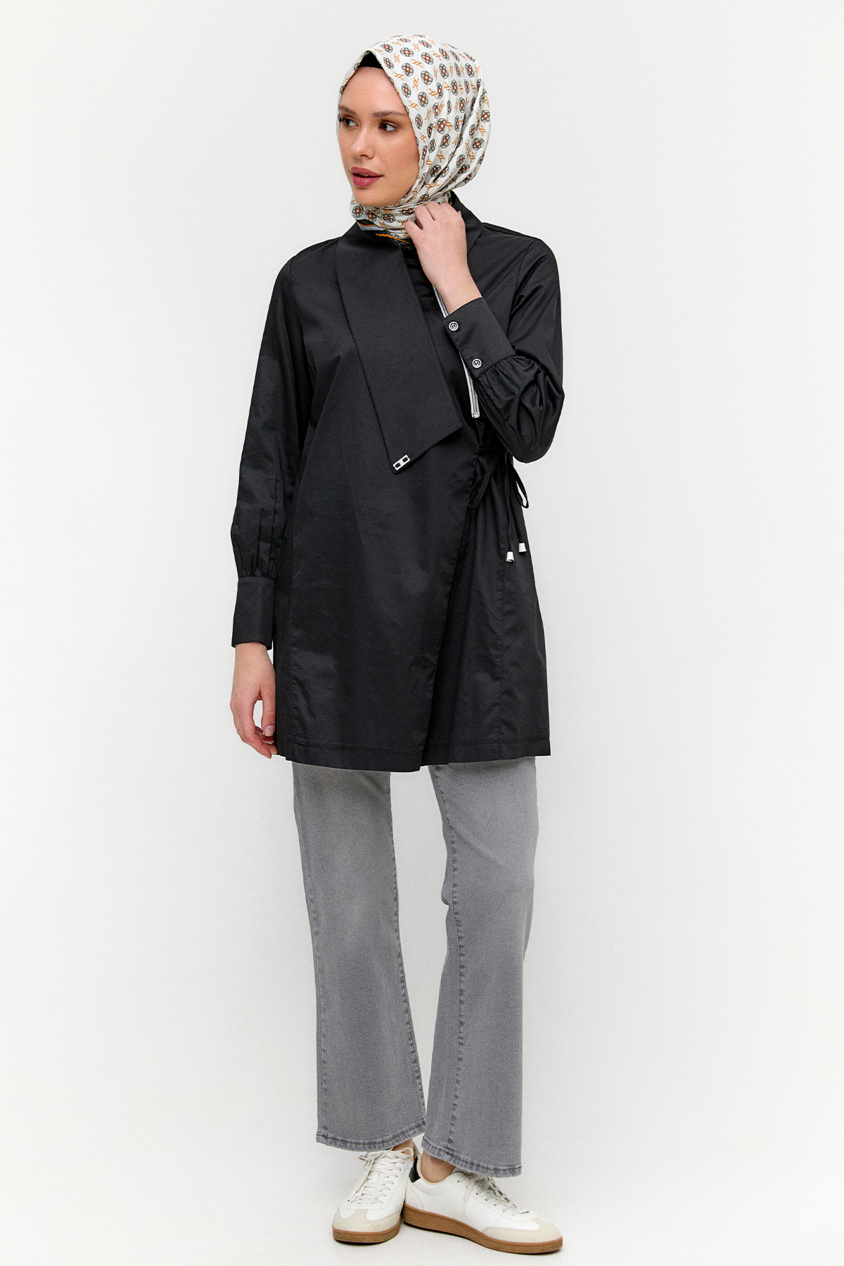 Asimetrik Yakalı Kuşaklı Pamuk Tunik, Tesettür Giyim