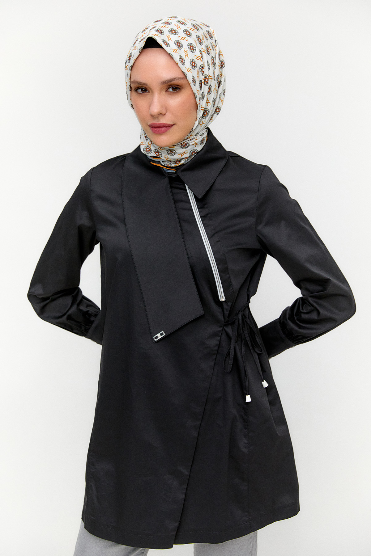 Asimetrik Yakalı Kuşaklı Pamuk Tunik, Tesettür Giyim