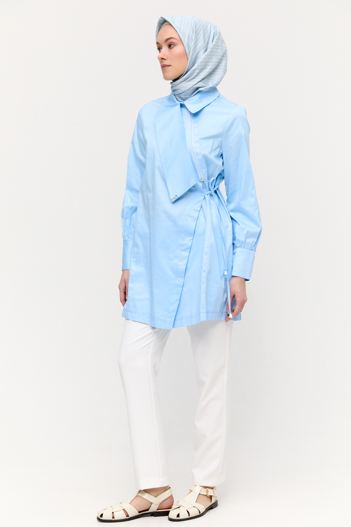 Asimetrik Yakalı Kuşaklı Pamuk Tunik, Tesettür Giyim