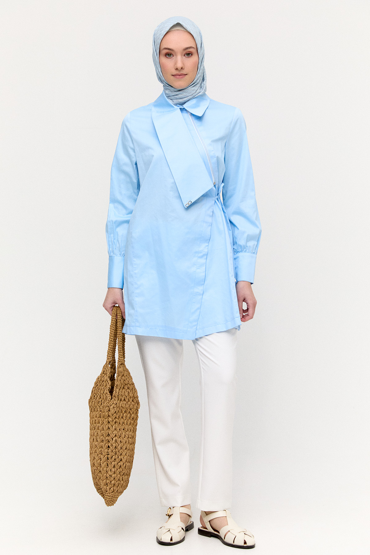 Asimetrik Yakalı Kuşaklı Pamuk Tunik, Tesettür Giyim